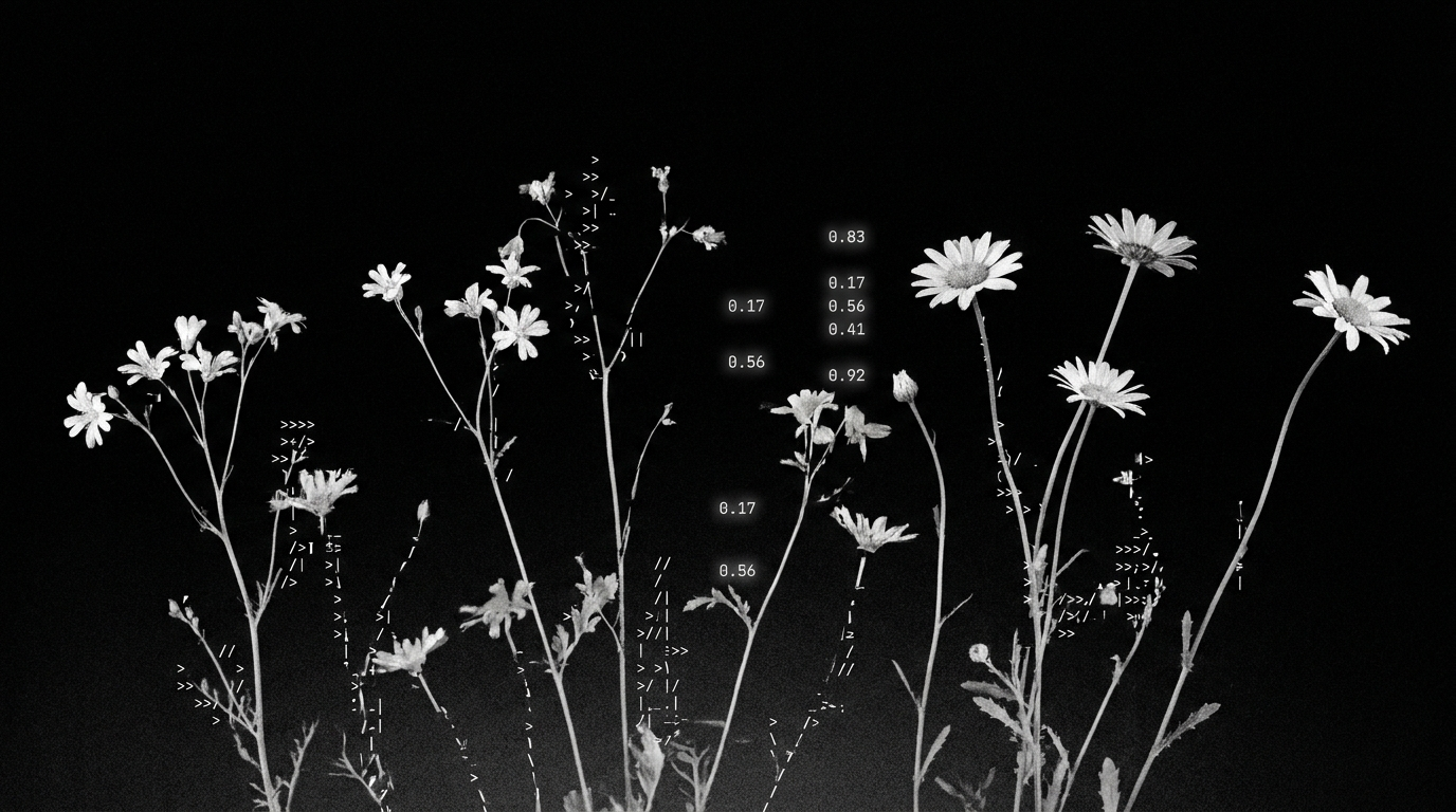 White wildflowers on black, their stems dissolving into ASCII characters and numbers.