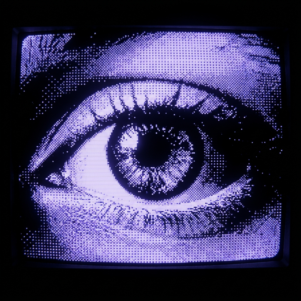 A dithered violet eye on a CRT screen. It appears to be watching.