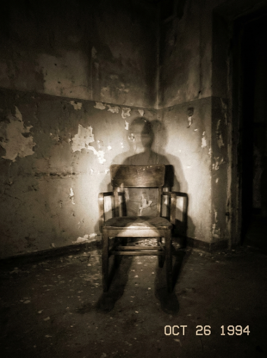 An overexposed flash photograph of an empty chair in a dark room.